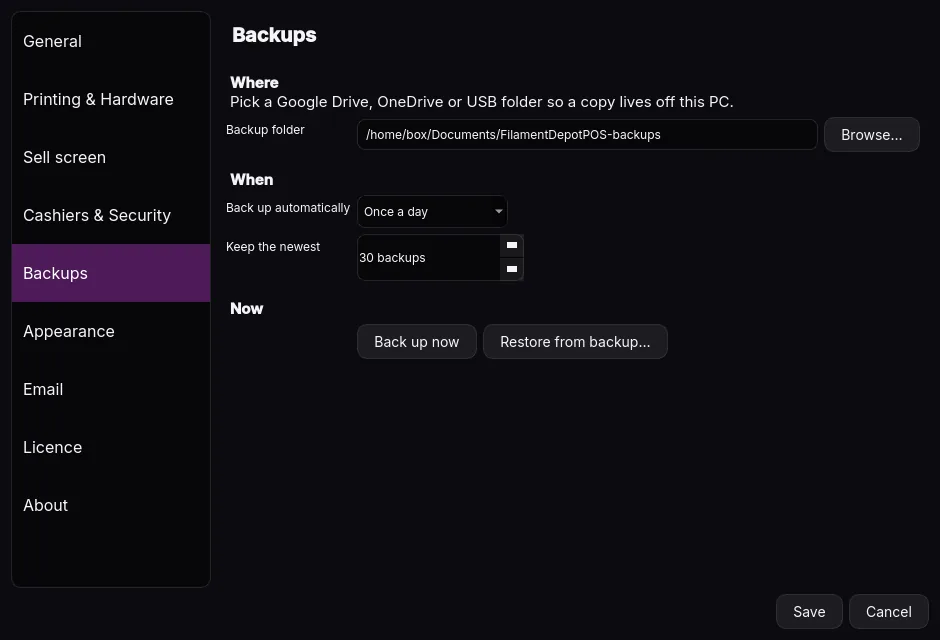 Backups — Automatic schedule, Back up now and Restore.