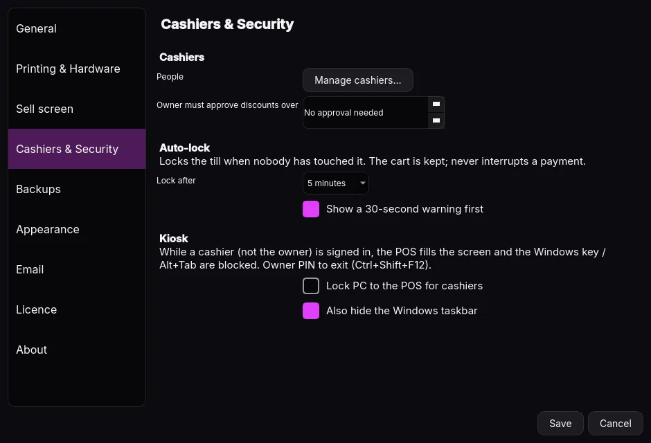 Cashiers & Security settings with auto-lock and kiosk mode